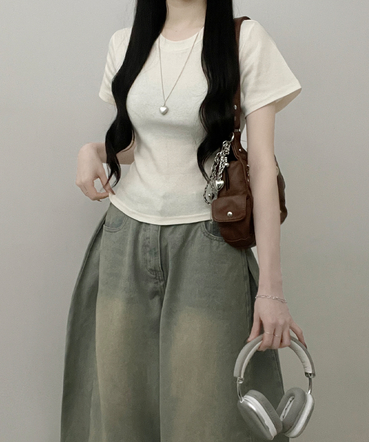 넉넉소매잘록허리라운드넥무지반팔티 베이지