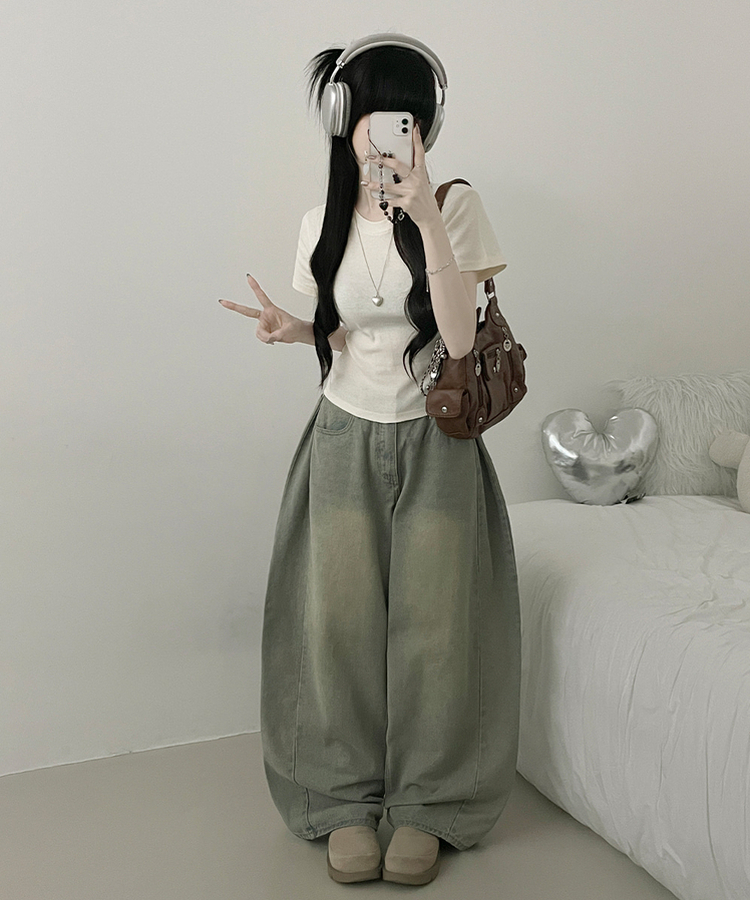 넉넉소매잘록허리라운드넥무지반팔티 베이지