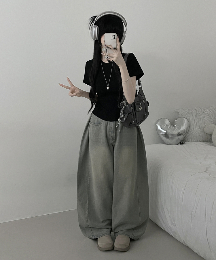 넉넉소매잘록허리라운드넥무지반팔티 검정
