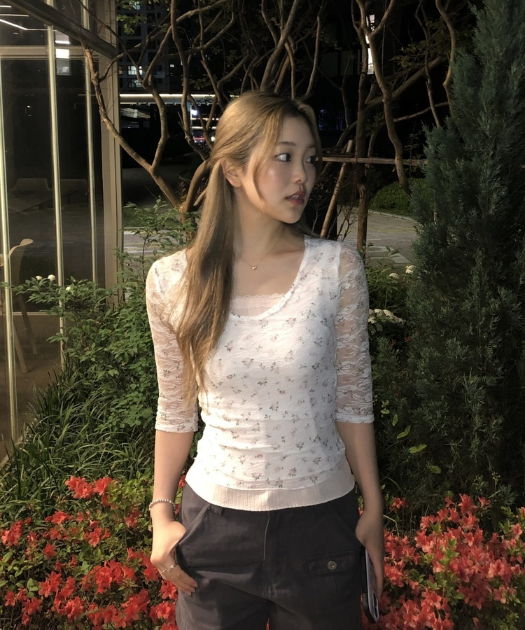 레이스 골지 나시 핑크
