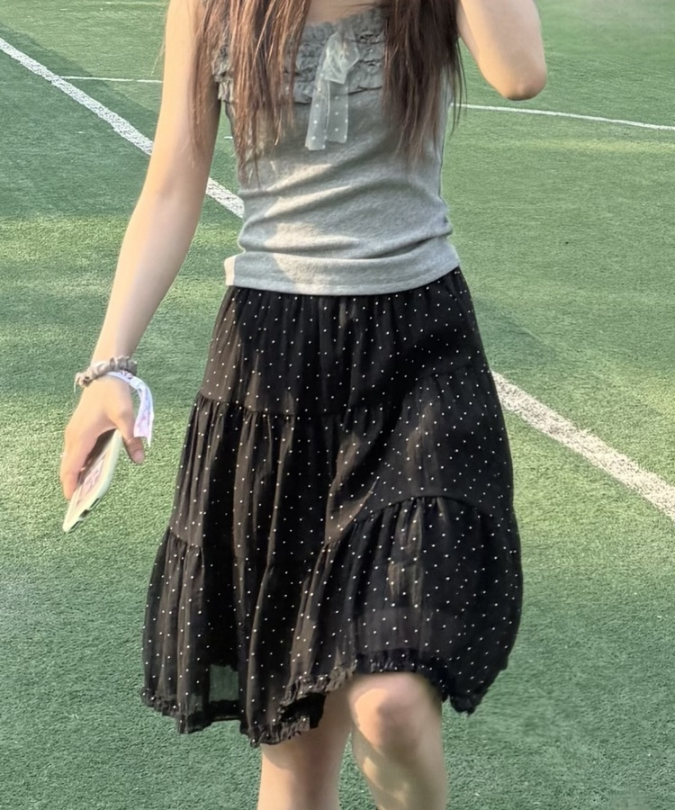 도트 캉캉 미디 스커트 블랙
