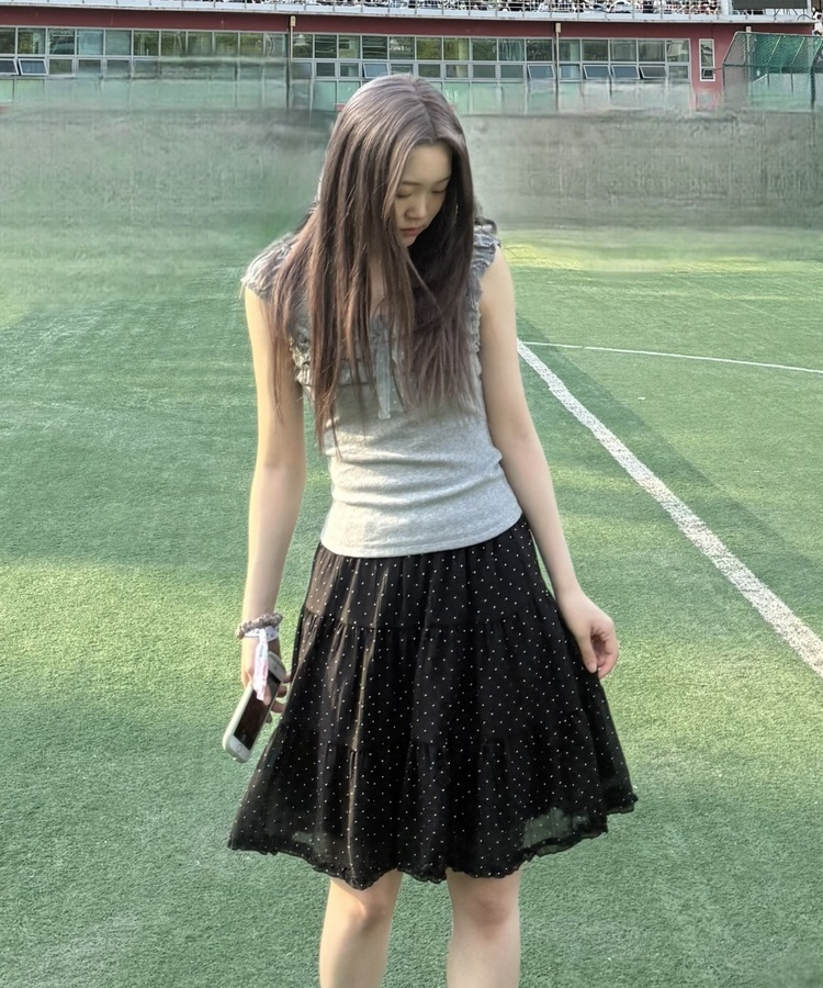 도트 캉캉 미디 스커트 블랙