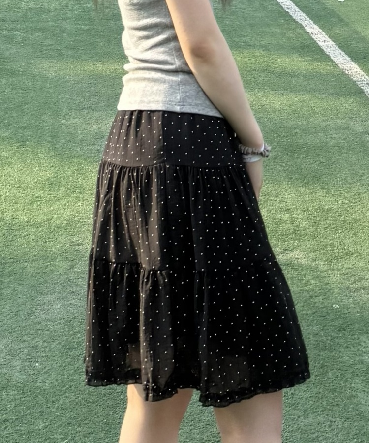도트 캉캉 미디 스커트 블랙