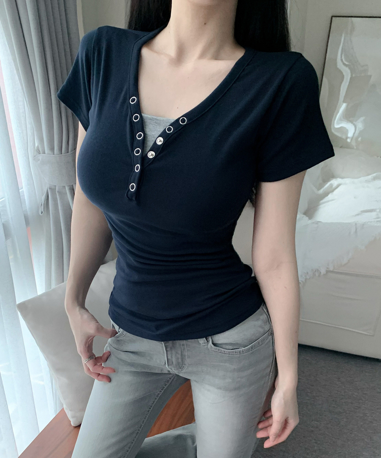 누적2만장핏 민티 쫀득 스냅버튼 오프숄더ok 레이어드 팔뚝커버 반팔티셔츠 8colors 네이비