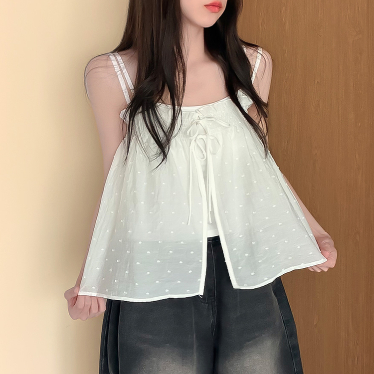 【SET】ドットリボンキャミソールブラウス＋キャミソールTシャツ WHITE
