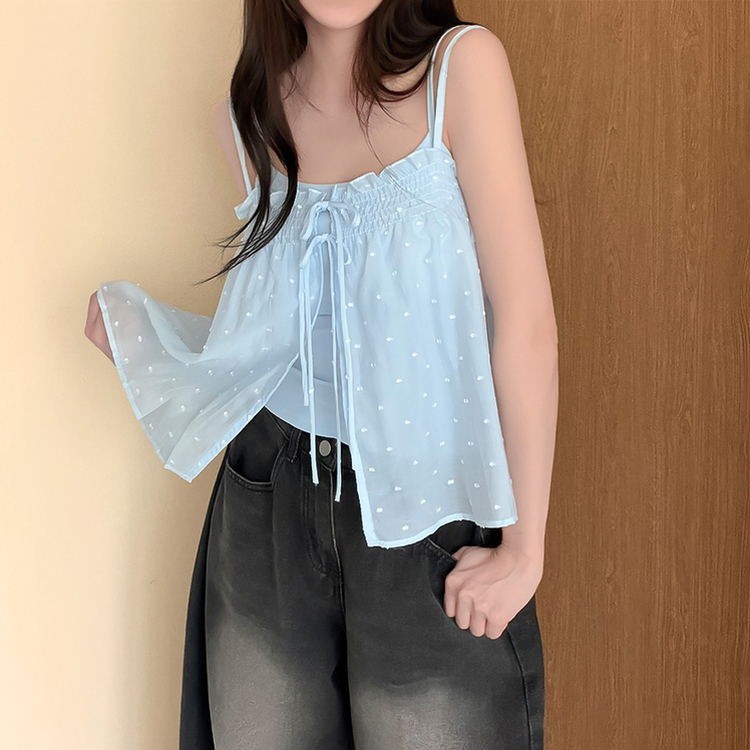 【SET】ドットリボンキャミソールブラウス＋キャミソールTシャツ SKY BLUE