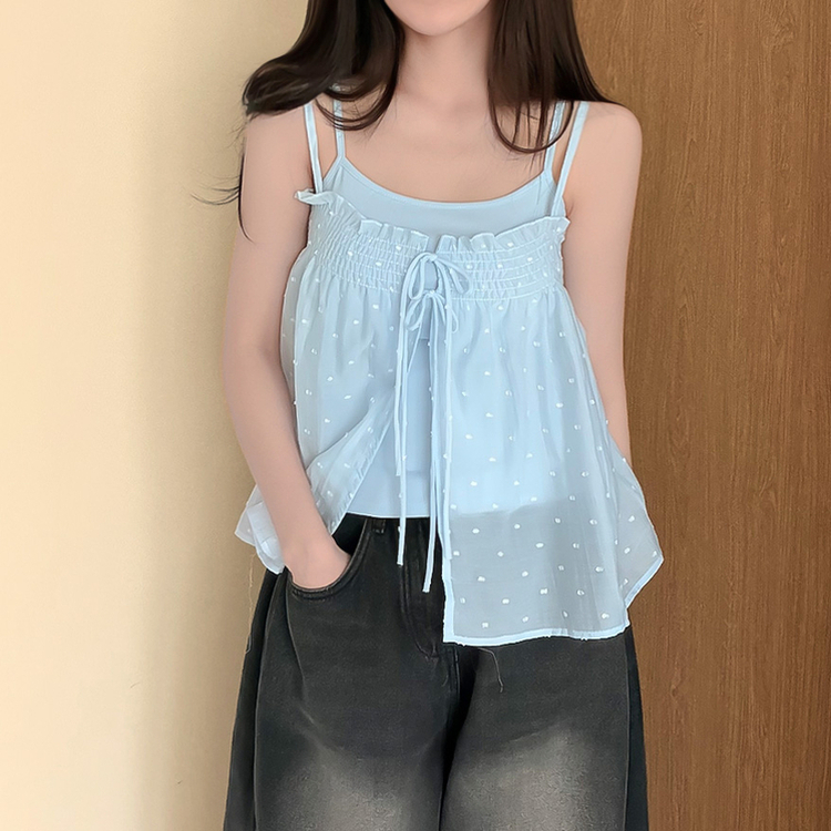 【SET】ドットリボンキャミソールブラウス＋キャミソールTシャツ SKY BLUE