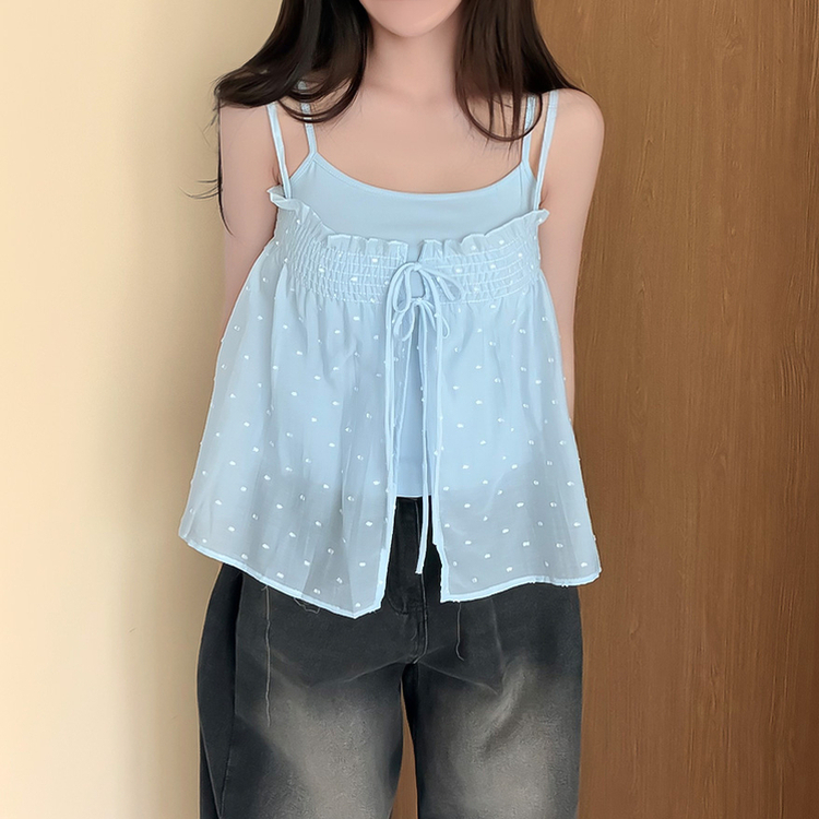 【SET】ドットリボンキャミソールブラウス＋キャミソールTシャツ SKY BLUE