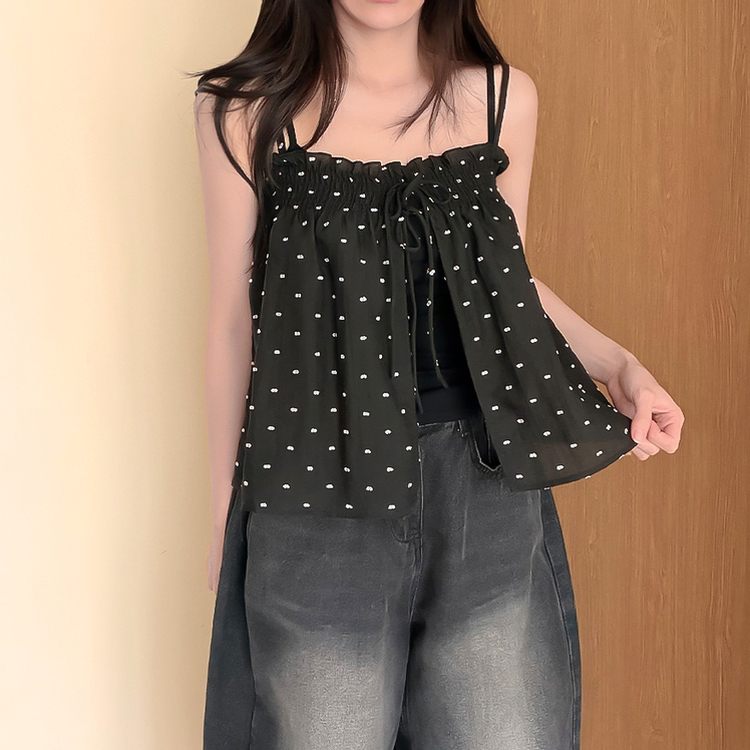 【SET】ドットリボンキャミソールブラウス＋キャミソールTシャツ BLACK