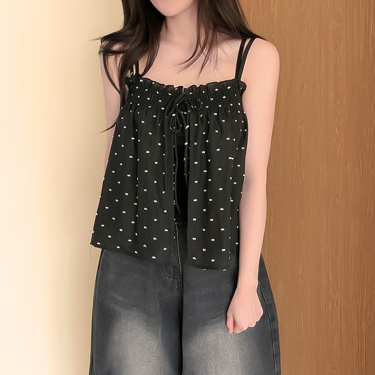 【SET】ドットリボンキャミソールブラウス＋キャミソールTシャツ BLACK