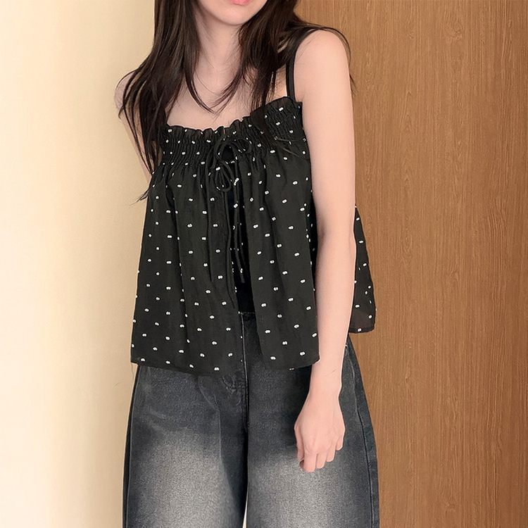 【SET】ドットリボンキャミソールブラウス＋キャミソールTシャツ BLACK