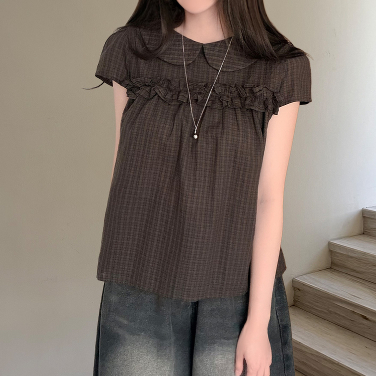 丸襟チェックフリルブラウス BROWN