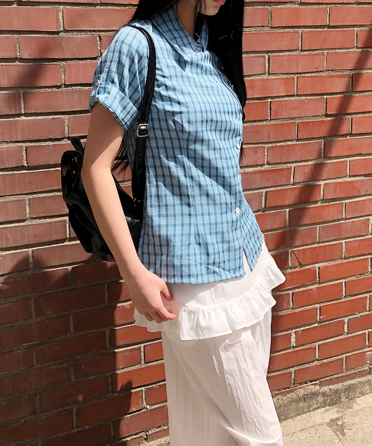 チェック半袖ロールアップシャツ BLUE