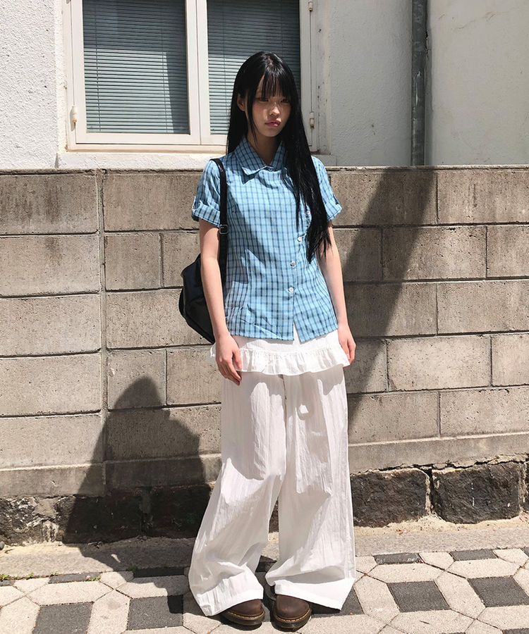 チェック半袖ロールアップシャツ BLUE
