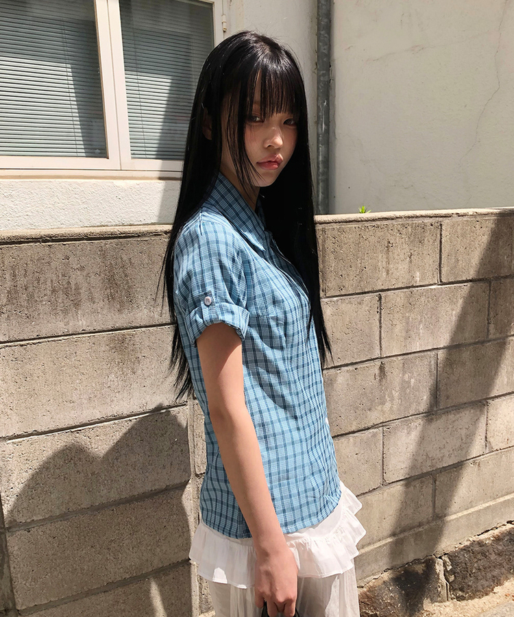 チェック半袖ロールアップシャツ BLUE