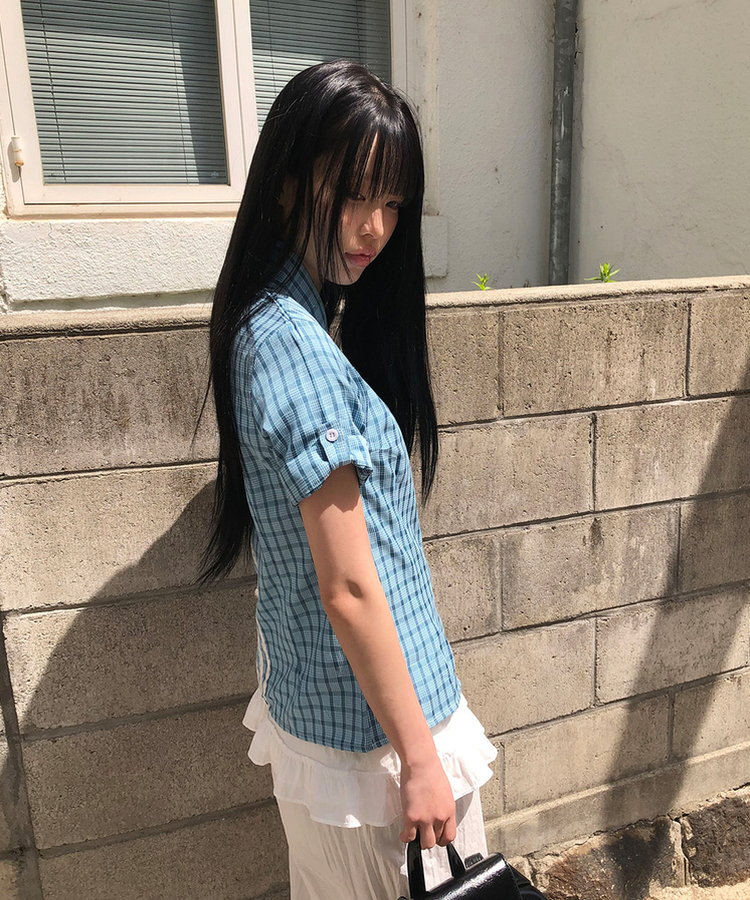 チェック半袖ロールアップシャツ BLUE