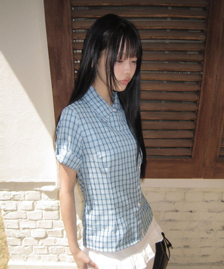 チェック半袖ロールアップシャツ BLUE