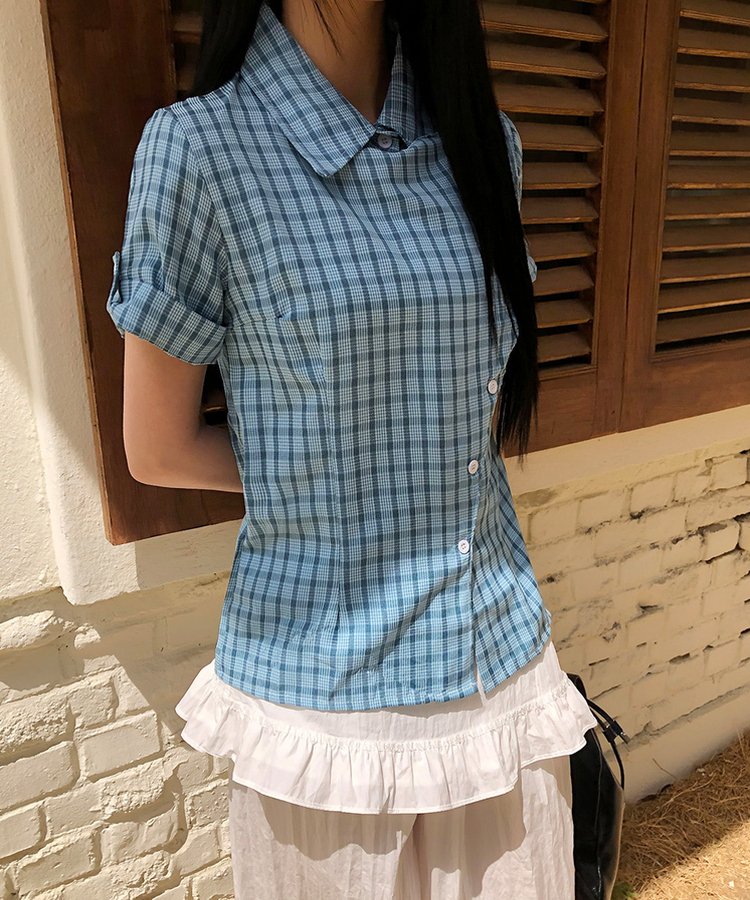 チェック半袖ロールアップシャツ BLUE