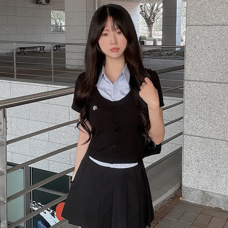 レイヤード半袖シャツニット BLACK