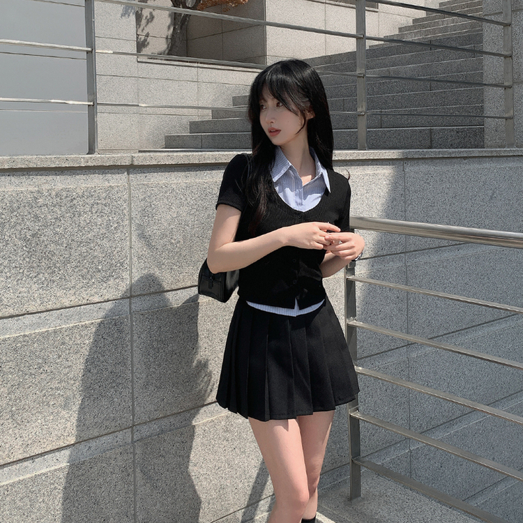 レイヤード半袖シャツニット BLACK