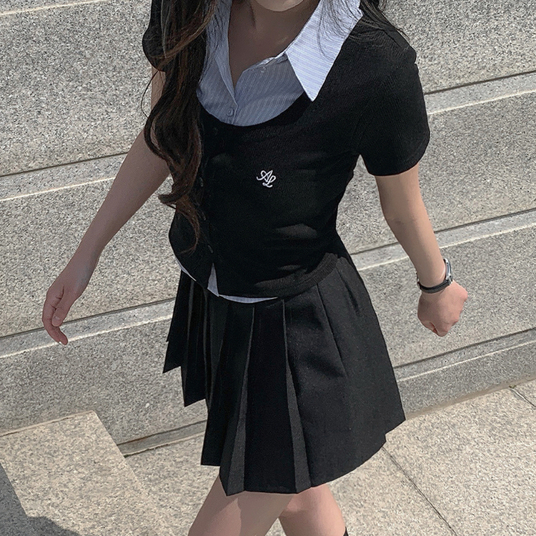 レイヤード半袖シャツニット BLACK