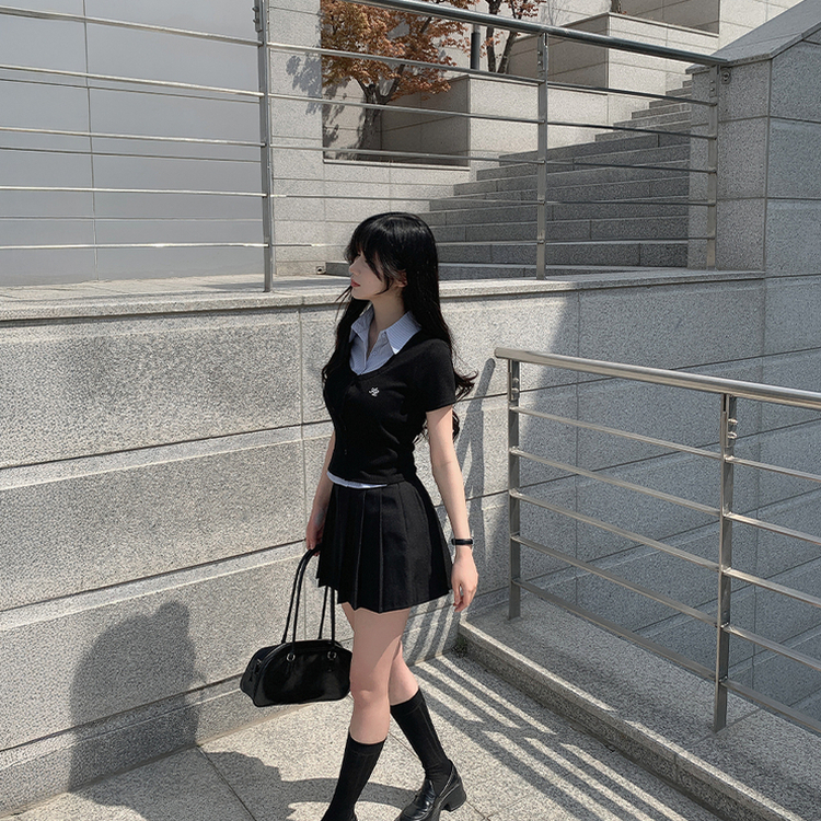 レイヤード半袖シャツニット BLACK