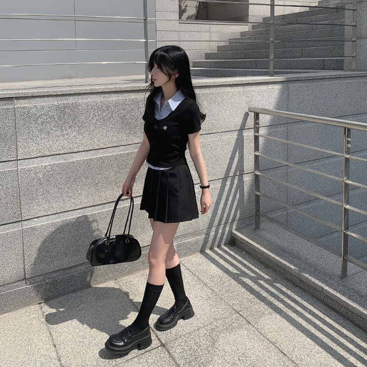 レイヤード半袖シャツニット BLACK