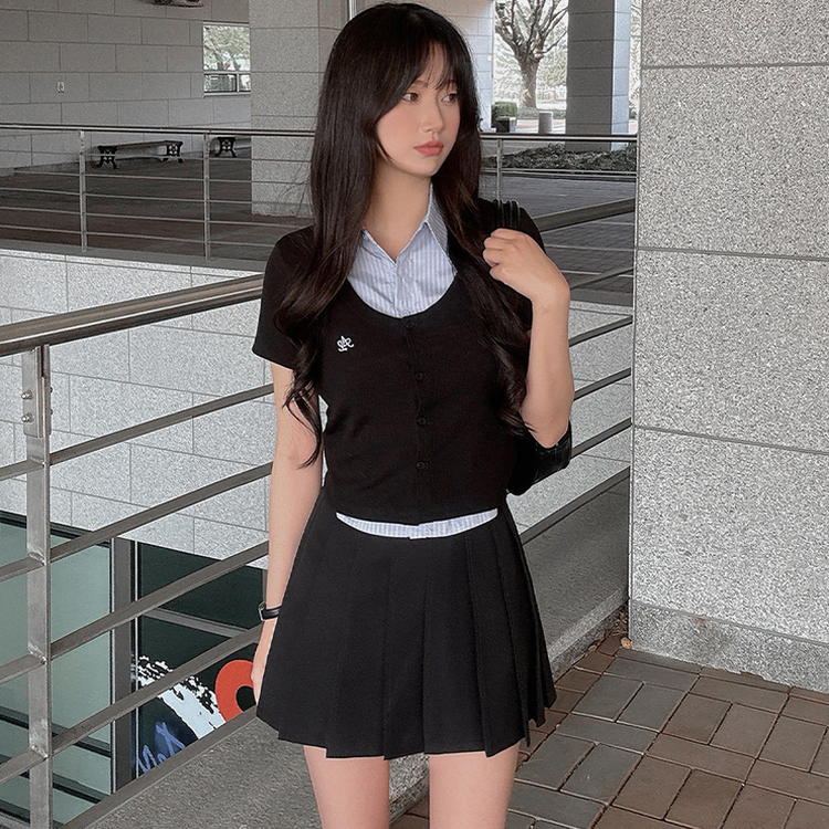 レイヤード半袖シャツニット BLACK