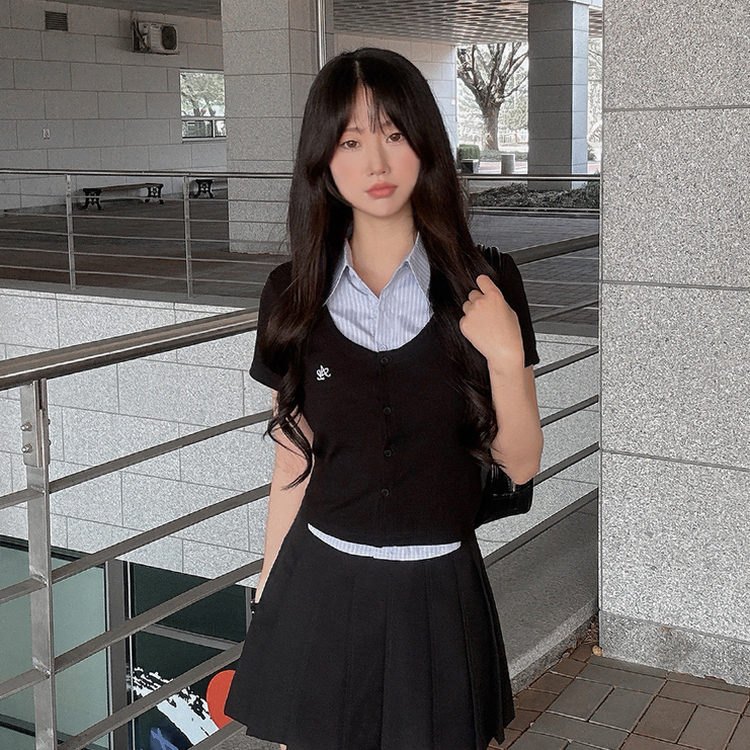 レイヤード半袖シャツニット BLACK