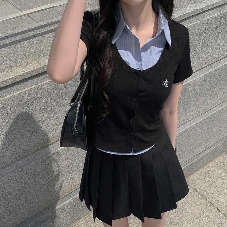 レイヤード半袖シャツニット BLACK