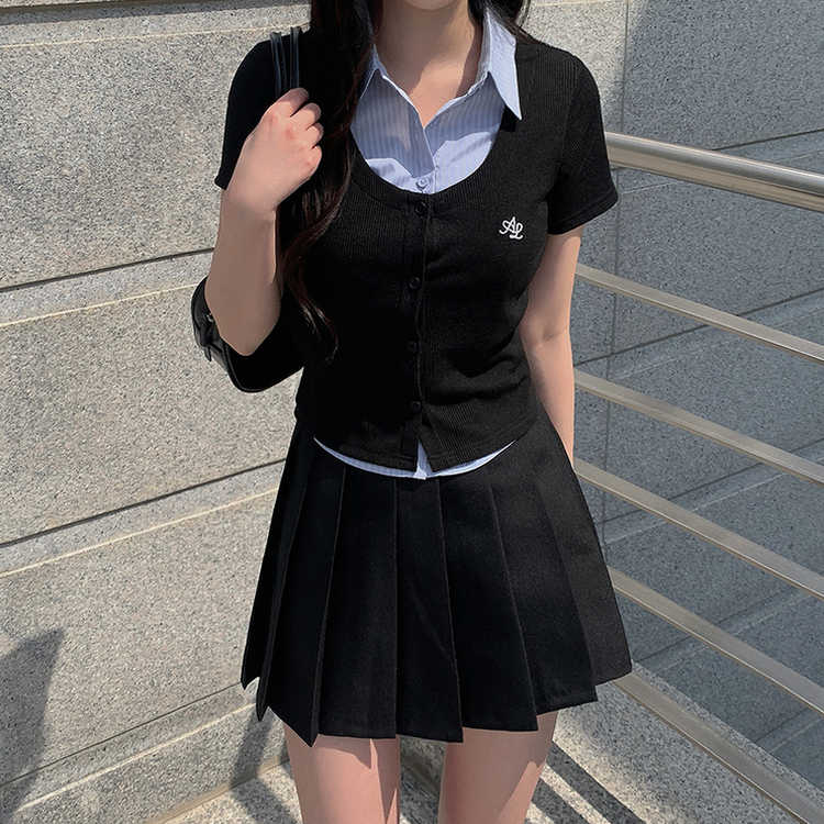 レイヤード半袖シャツニット BLACK