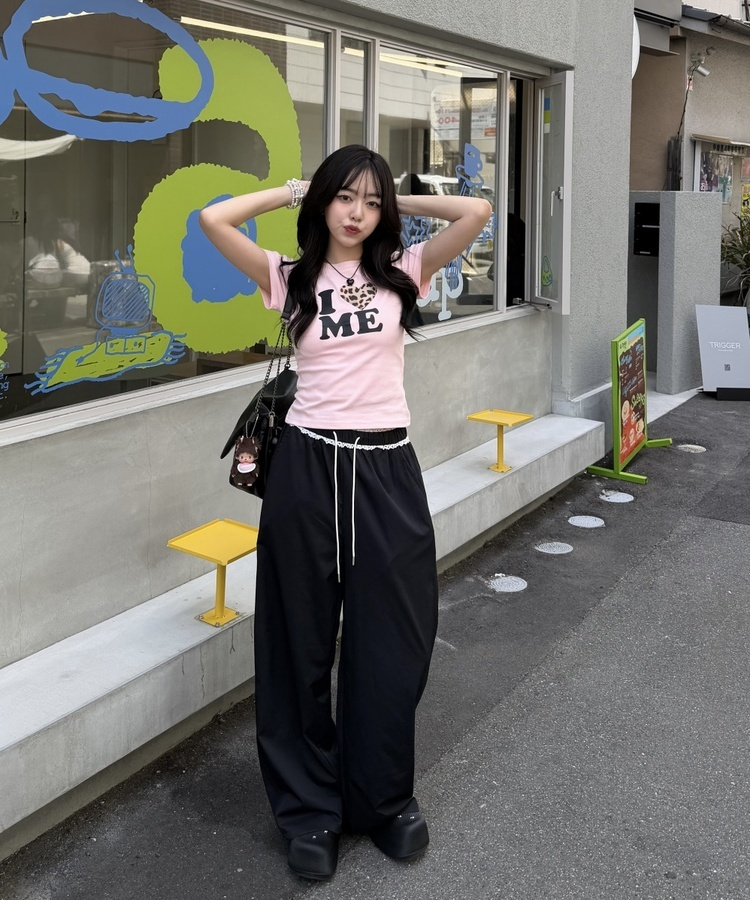 ナイロンレースフリルワイドパンツ BLACK