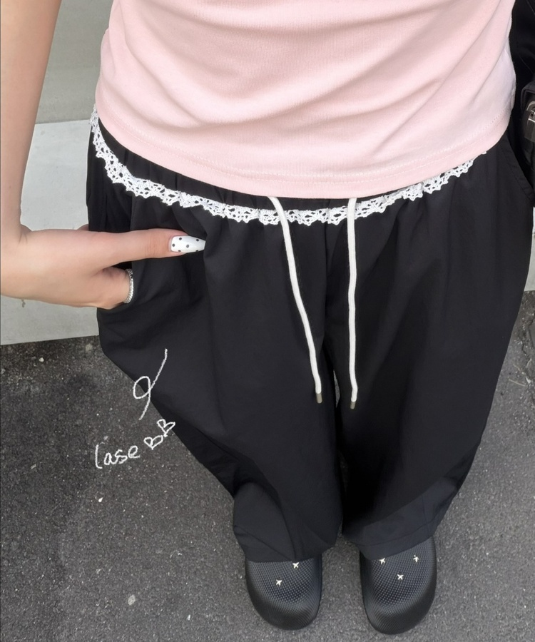 ナイロンレースフリルワイドパンツ BLACK