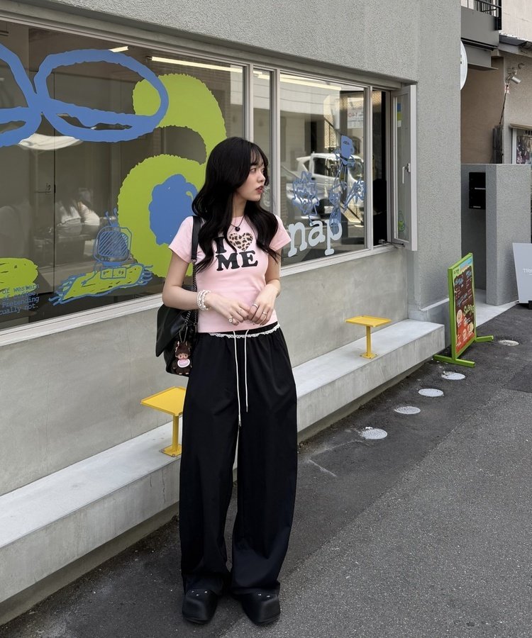 ナイロンレースフリルワイドパンツ BLACK