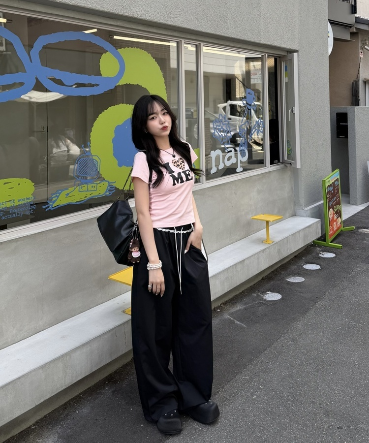 ナイロンレースフリルワイドパンツ BLACK