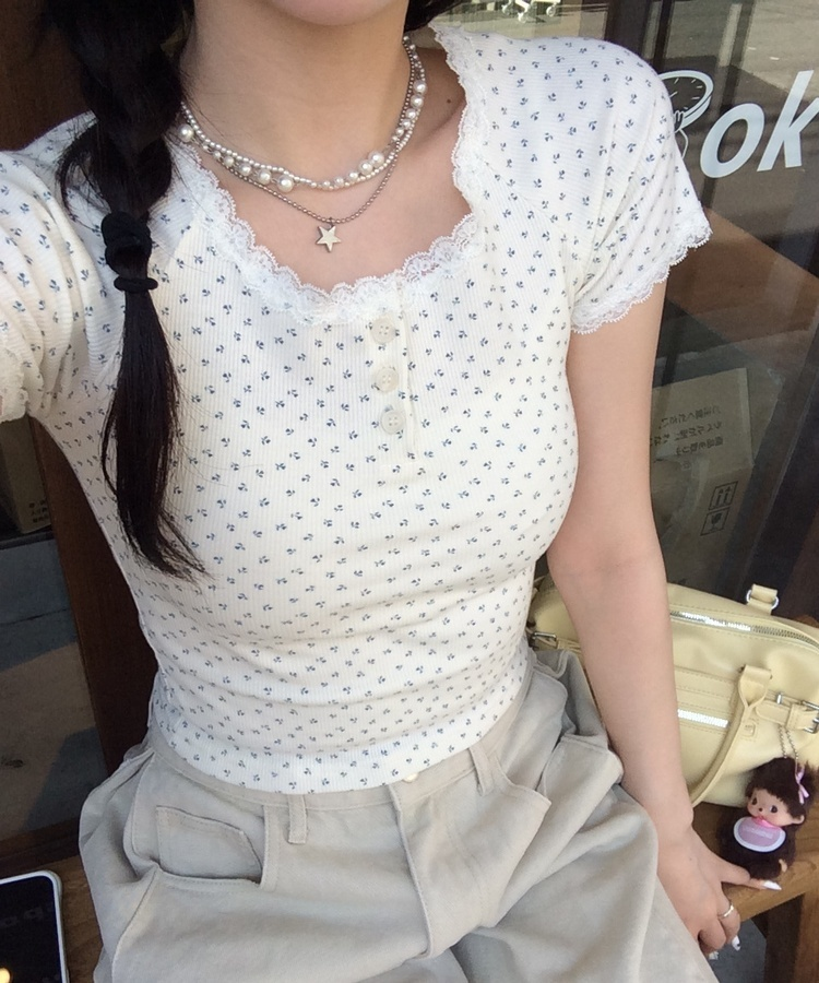 フラワーレース半袖Tシャツ IVORY