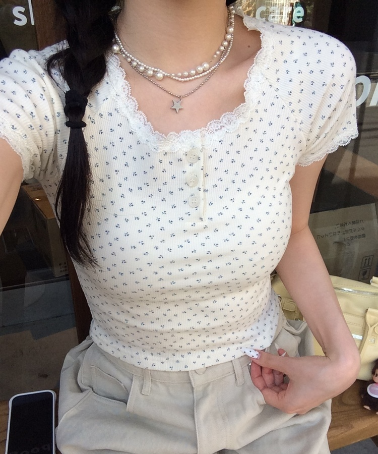 フラワーレース半袖Tシャツ IVORY