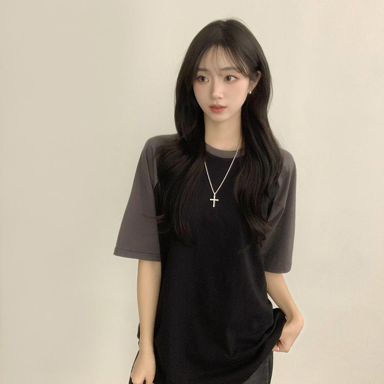 시엔느 라운드 나그랑 오버핏 여름 반팔 티셔츠 래글런 배색 5color 블랙