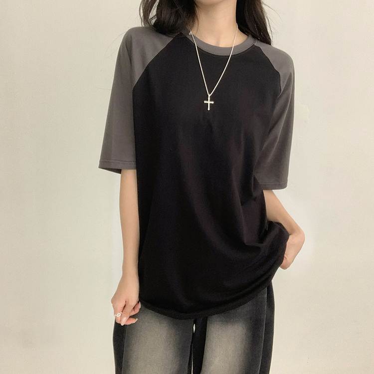시엔느 라운드 나그랑 오버핏 여름 반팔 티셔츠 래글런 배색 5color 블랙