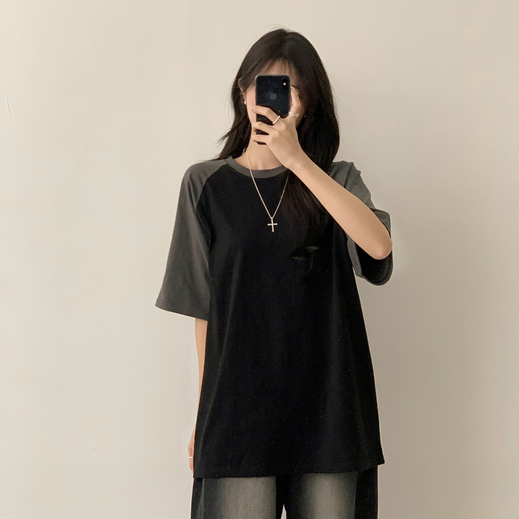 시엔느 라운드 나그랑 오버핏 여름 반팔 티셔츠 래글런 배색 5color 블랙