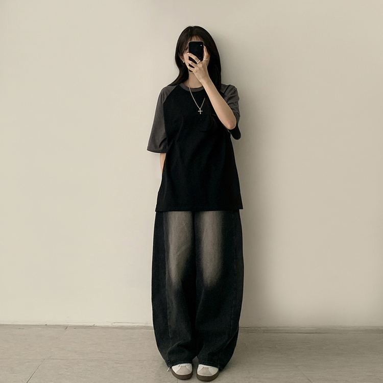 시엔느 라운드 나그랑 오버핏 여름 반팔 티셔츠 래글런 배색 5color 블랙
