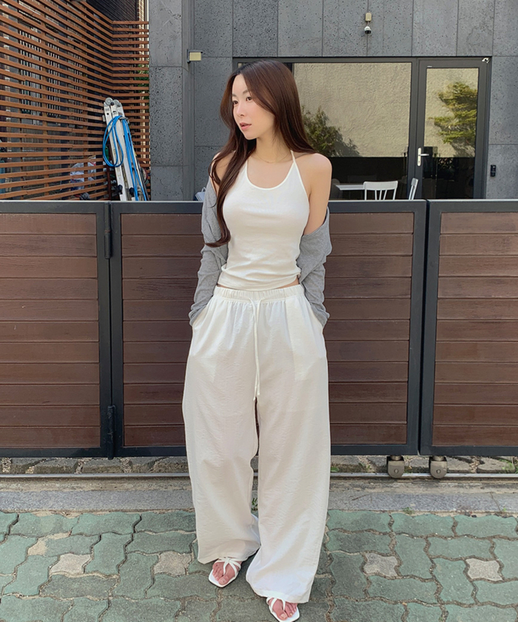 XL린넨 속바지 포함 밴딩 와이드 팬츠 아이보리