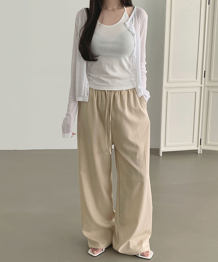 XL린넨 속바지 포함 밴딩 와이드 팬츠 베이지