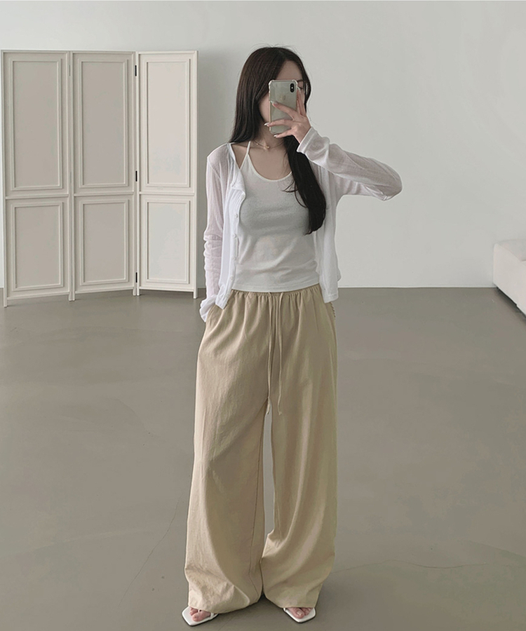XL린넨 속바지 포함 밴딩 와이드 팬츠 베이지