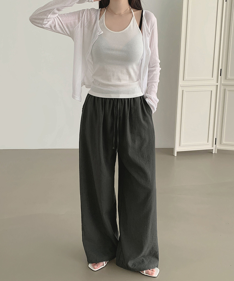 XL린넨 속바지 포함 밴딩 와이드 팬츠 카키브라운