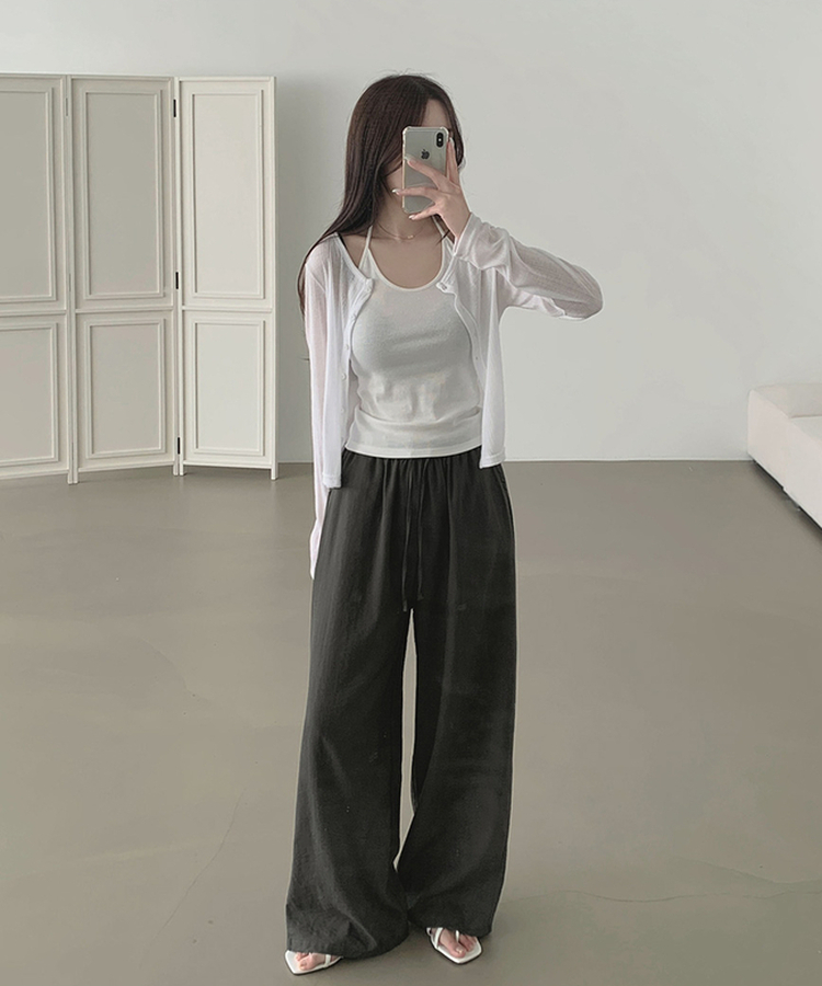 XL린넨 속바지 포함 밴딩 와이드 팬츠 카키브라운