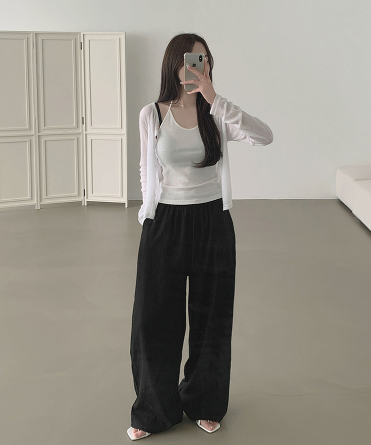 XL린넨 속바지 포함 밴딩 와이드 팬츠 블랙