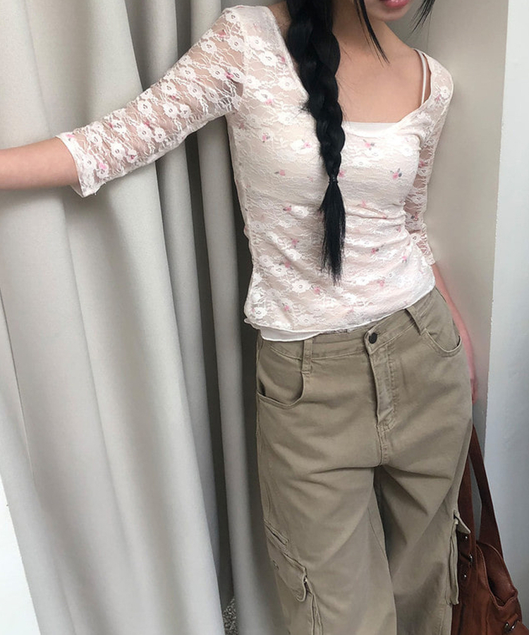 フラワーシースルー7分袖Tシャツ WHITE