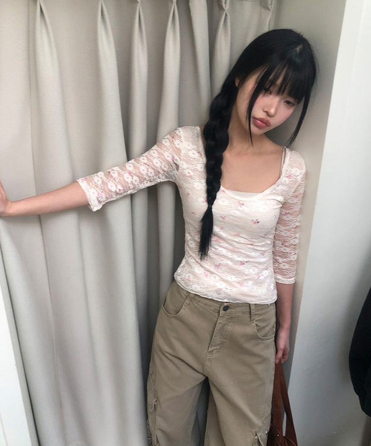 フラワーシースルー7分袖Tシャツ WHITE