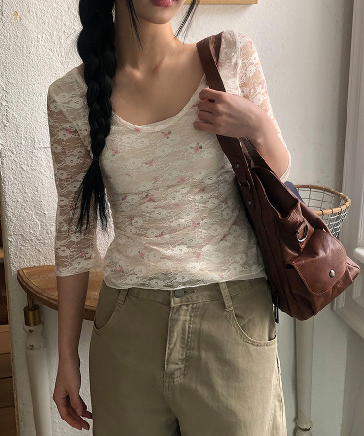 フラワーシースルー7分袖Tシャツ WHITE
